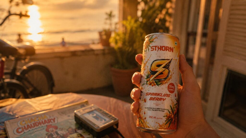 Hand holding a SThorn Sparkling Berry can at sunset on a rooftop, beside a Chacha Chaudhary comic book and a cassette player, evoking a nostalgic childhood scene.