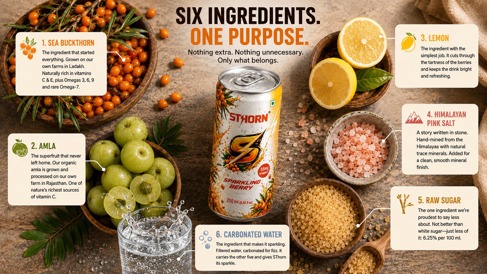 Infographic showing Sthorn's six ingredients, sea buckthorn, amla, lemon, Himalayan pink salt, raw sugar, and carbonated water, arranged around a Sthorn Sparkling Berry can.