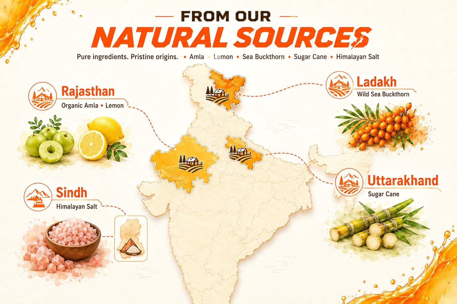 Map of India marking Sthorn's own farms and partners: wild sea buckthorn from Ladakh, organic amla and lemon from Rajasthan, and organic sugarcane from Uttarakhand.