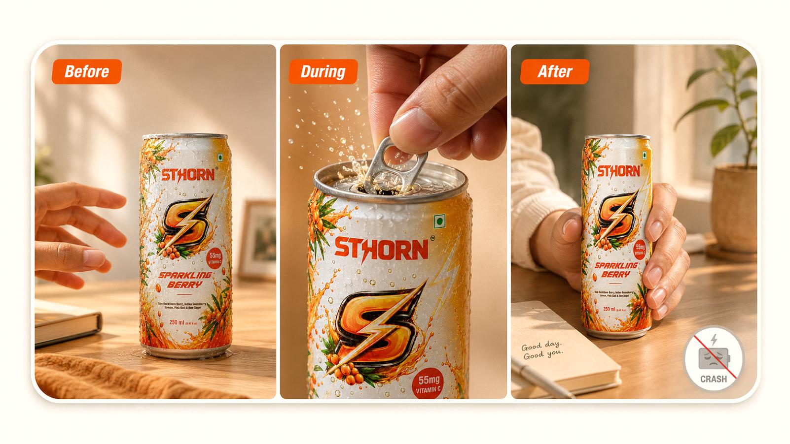 Three-panel sequence showing a hand reaching for a Sthorn can, opening it with a splash, and a calm moment afterward with a crossed-out "crash" icon.