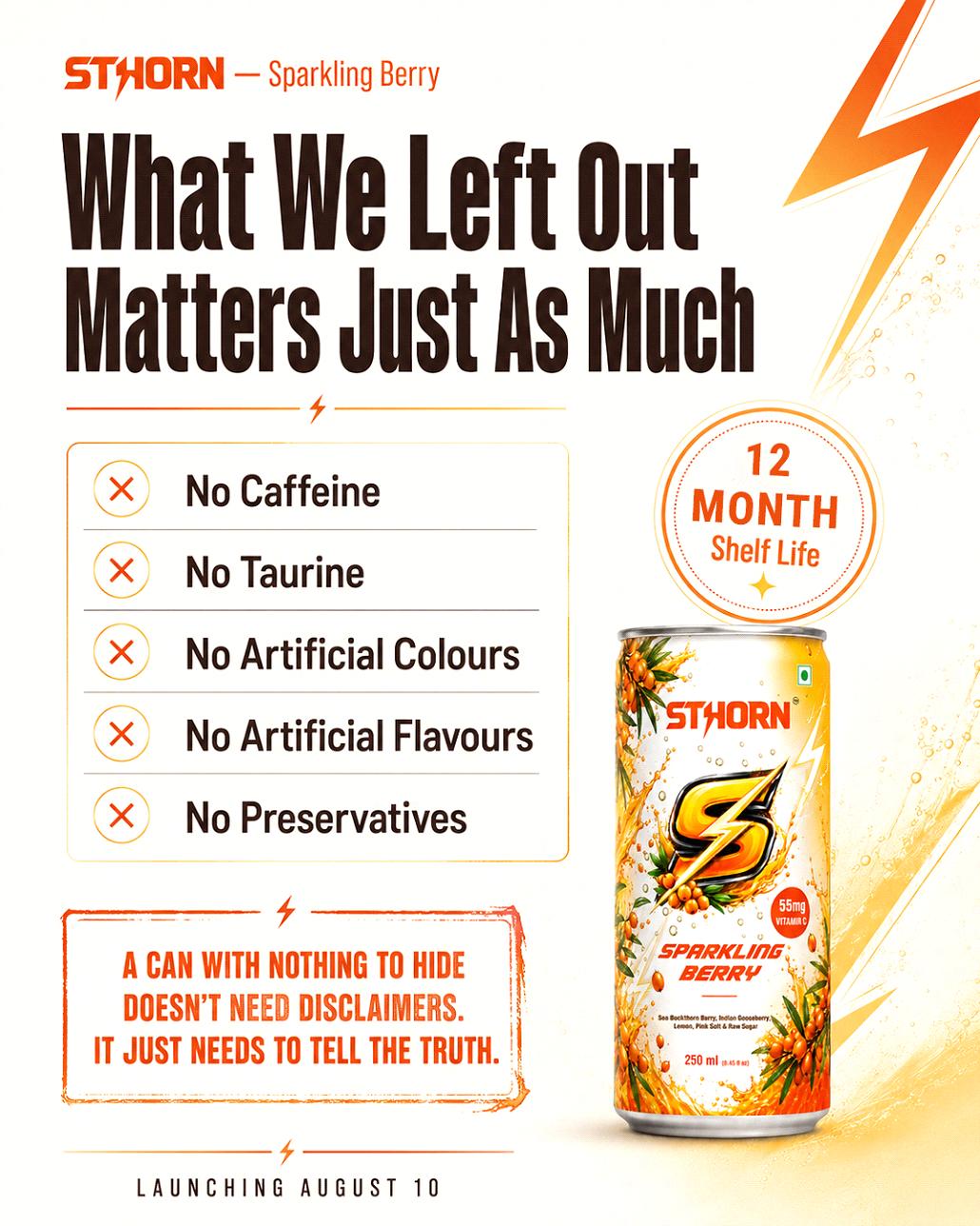 Sthorn Sparkling Berry label graphic listing what's not in the can: no caffeine, no taurine, no artificial colours, no artificial flavours, no preservatives, with a 12-month shelf life badge.