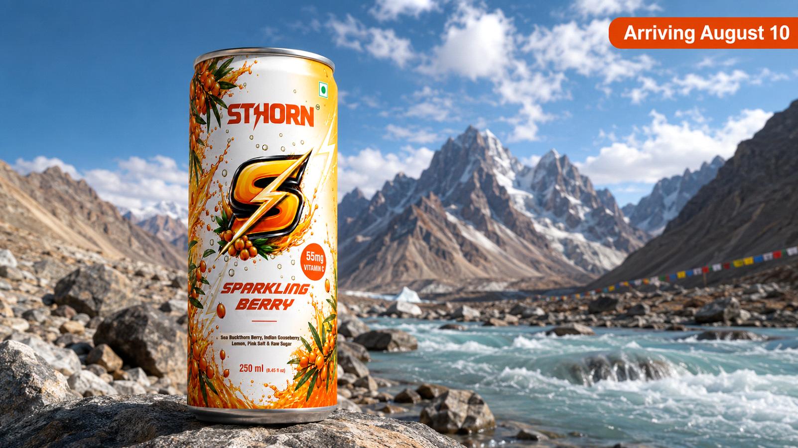 Sthorn Sparkling Berry can resting on a rock beside a Himalayan glacial river, with an "Arriving August 10" launch tag.