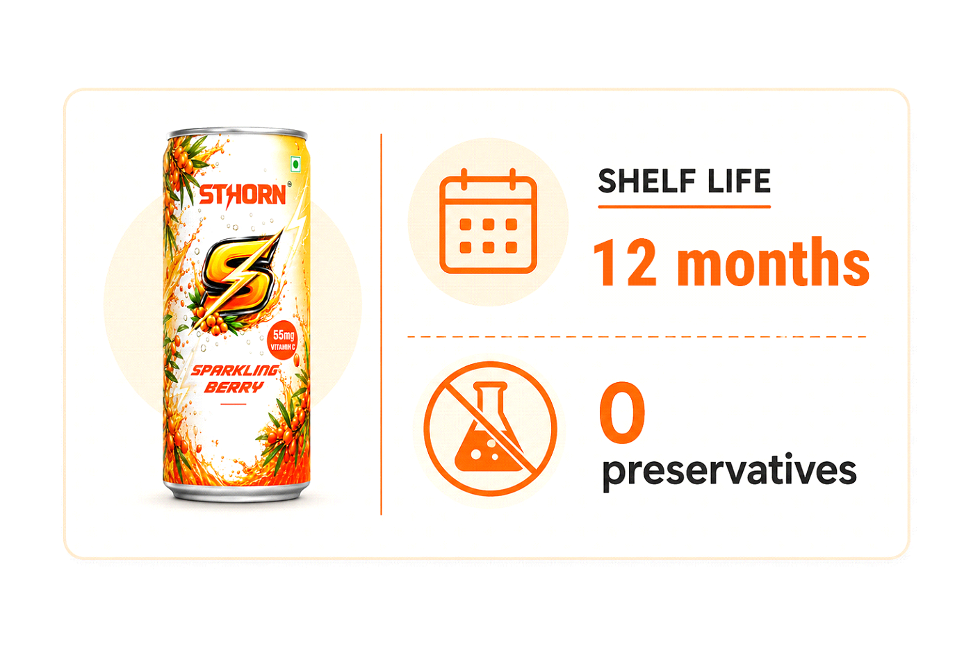 SThorn Sparkling Berry can beside icons showing a 12-month shelf life and zero preservatives.